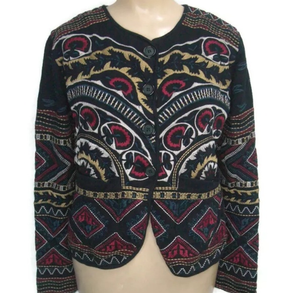 JW Los Angeles Johnny Was Jackets & Blazers - Johnny Was JW Los Angeles Womens Embroidered Cardigan Jacket Cotton Small Black
